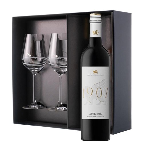 Lou Miranda Estate Centenarian Old Vine Shiraz 75cl Red Wine And Diamante Venezia Glasses Gift Box Set
